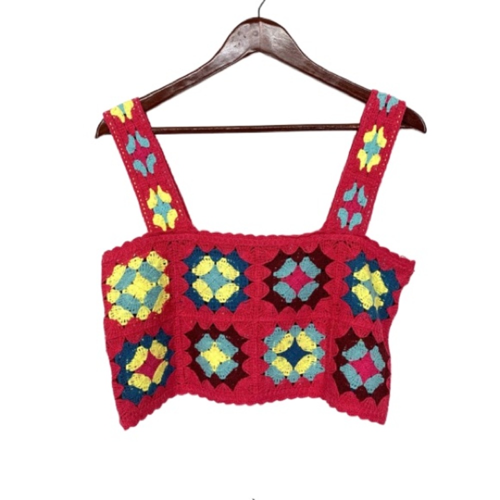 Witty Fox Vibrant Boho Geometric Crocheted Knit Cropped Micro Tank Size Small